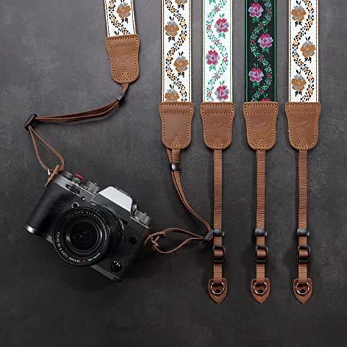 Camera Strap - 1.5" Cowhide Head Shoulder Neck Strap ,Retro Jacquard Embroidery Multi-pattern camera straps for Cameras and Binoculars,Cute Adjustable Thin Strap for Adults & Kids(Yellow Jacquard） — view 4