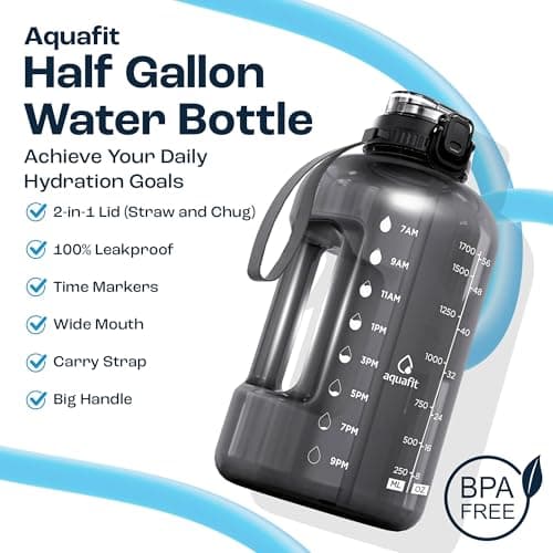 AQUAFIT 2 Litre Water Bottle with Straw - Water Bottles 2L with Time Marker - Half Gallon Big Bottle with Straw - Large Bottle For Gym - Grey, 2-in-1 Lid — view 2