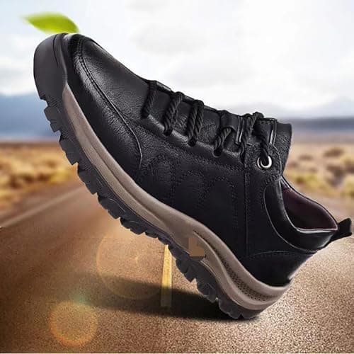 Mens Trekking Hiking Boots Leather Lace-up Non-Slip Mountain Climbing Walking Shoes Arch Support Travelling Sneaker Outdoor Stable & Cushioned Trainers Backpacking Camping Footwear (Black, 9) — view 3