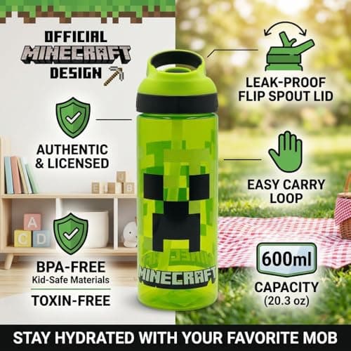 Minecraft Atlantic Creeper Drinks Bottle with Logo | Eco Friendly BPA-free Plastic School Water Bottle with Removable straw, spill Proof | Gift for Minecraft fan | Official Merch 600ML — view 2