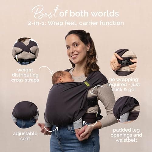 Boba Bliss Pre-Wrapped Baby Carrier with Buckle - Newborn to 7-35 lbs Light, Breathable & Easy to Adjust Hybrid Infant Sling & Toddler Carrier - Certified Hip-Healthy for 0-18 Months - Charcoal — view 5