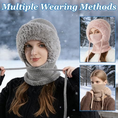 Qoibraze 3 in 1 Beanie Hat for Women Winter Warm Knitted Cap with Neck Warmer Windproof Ajustable Knit Hat and Scarf Set for Women Khaki — view 5