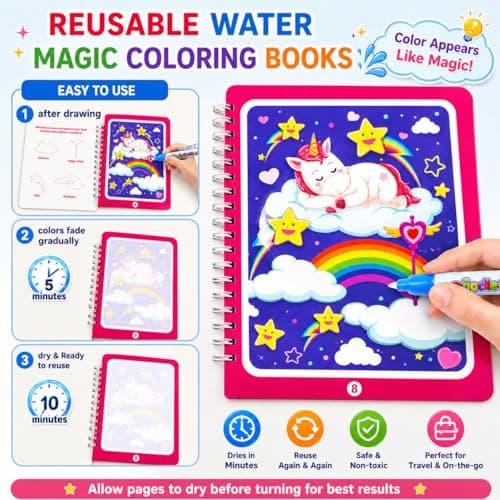 Tangdudu 6 Pieces Magic Water Colouring Books Reusable Water Painting Books for Children with 6 Pieces Water Pen, Mess-Free Educational Toys Travel Toys Activity Book for Boys & Girls 3 2 1+ — view 3