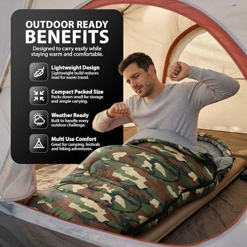 ZENO Sleeping Bag | Sleeping Bags For Adults | Waterproof & Lightweight | 3 Season Sleeping Bag | Includes Lightweight Carry Bag | Ideal For Cold & Warm Weather | Comfort Padded (Camo) — view 5