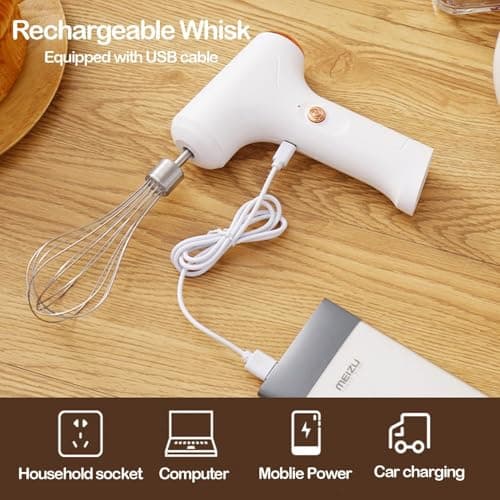FIOUSY Electric Hand Whisk, USB Rechargeable, Wireless Portable Egg Beater with 2 Detachable Whisks with 3 Speed Modes for Eggs/Milkshake Cream/Butter/Baby Food, Fit for Kitchen/Camping/Gifts (White) — view 4