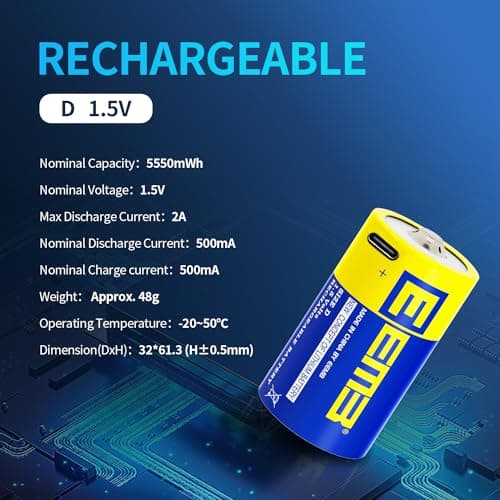 EEMB D 1.5V Rechargeable Battery,5550mWh,USB C,2 Pack — view 2