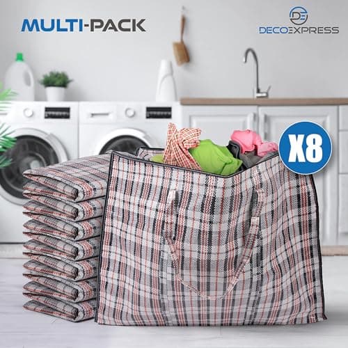 DECO EXPRESS Laundry Bags XXL, Pack of 8, 107L Strong, Durable & Reusable Extra Large Storage Bags with Zips, Ideal for Moving, Shopping, Packing, Laundry & Clothes Storage (76 X 59 X 24 CM) — view 6