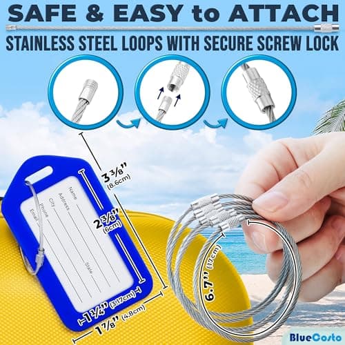 BlueCosto Luggage Tags (Small, Blue, 10 PK) - Suitcase Tags w/Name ID Card & Heavy-Duty Metal Wire Loops - Bright Coloured PVC Tags for Travel Baggage - Backpack Name Labels — view 2