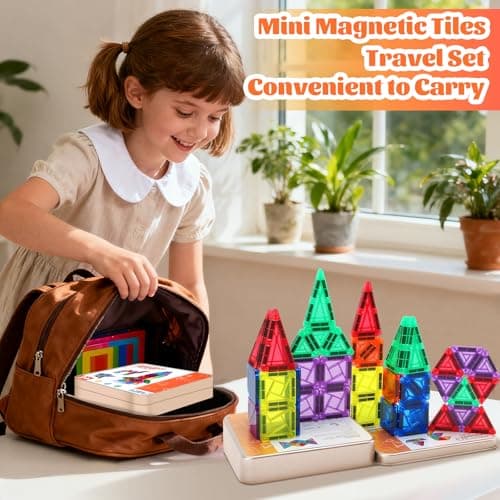 51PCS Mini Magnetic Tiles Travel Set with Iron Storage Box Kids Toys Gifts for 3-8 Years Boys Girls Toddlers, Portable Building Blocks Montessori Educational Toy for Plane, Car Rides & On-The-Go Play — view 4