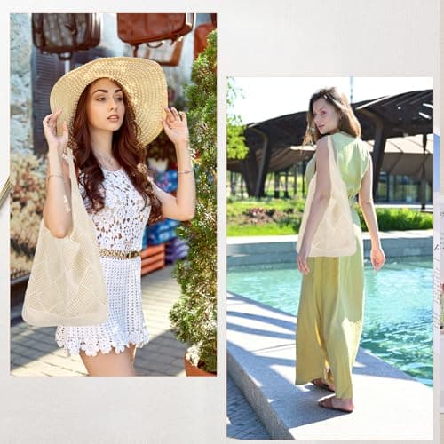 AEYURUID Crochet Beach Bag for Women Large Foldable Lightweight Mesh Tote Knit Summer Vacation Boho Bag Holiday Beach Tote (Beige) — view 5