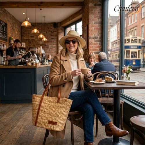 CHANEVA Large Woven Tote Bag for Women, Water Hyacinth Straw Shoulder Bag with Leather Straps, Summer Beach Bag, Rattan Work Bag Fits A4, Handmade Boho Handbag for Ladies, 18x6x12 Inches — view 5