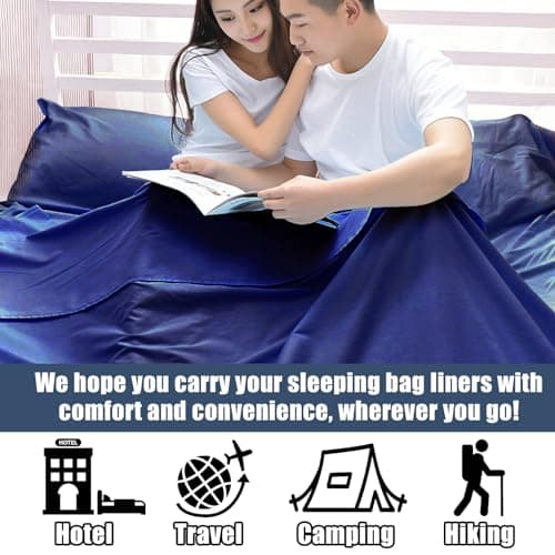 Plliocse Sleeping Bag Liner Travel Sheet Sleeping Bag, Double Size 160 x 210 cm Sleeping Bags Liners with Pillow Pockets for Adults, Travel, Hotels, Business Trip, Camping (Navy Blue, 160cm x 210 cm) — view 5