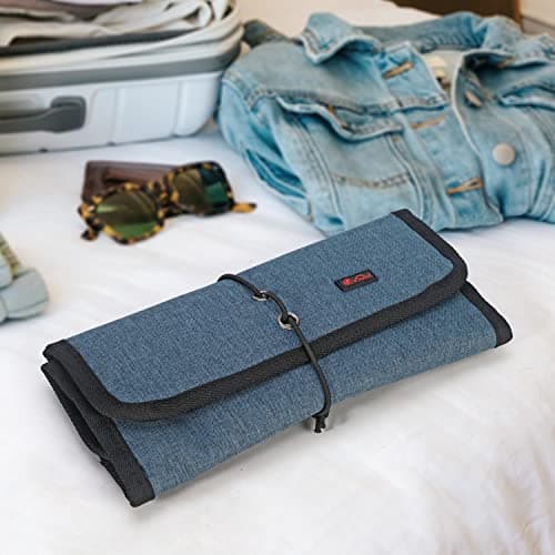 Vinsani Roll Up Accessories Universal Travel Organiser Easy Carry Portable Foldable Make Up Cable Charger Earphones USB SD Card Electronics Essentials Carrying Case – Navy Blue — view 6