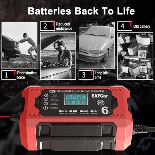EAFCar 6Amp Car Battery Charger, 12V Smart Trickle Charger and Maintainer, LCD Screen Maintainer/Pulse Repair Activation Pack for Car, Motorcycle, Lead Acid Batteries & AGM. (6A) — view 3