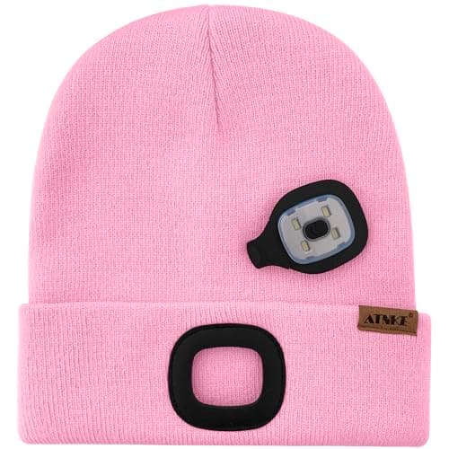 ATNKE Kids LED Lighted Beanie Hat,USB Rechargeable 4 LED Running Headlamp Ultra Bright Cap with Light Hands Free Head Torch Winter Warm Knit Beany Great Gifts for Boys and Girls/Pink — view 3