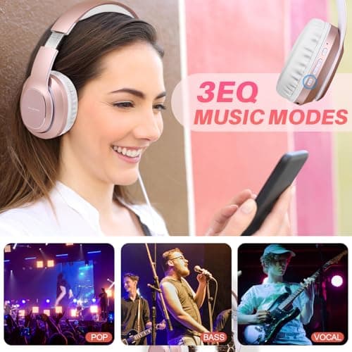 WorWoder Wireless Headphones Over Ear, 80 Hours Playtime Bluetooth Headphones, Hi-Fi Stereo Sound with Microphone, Lightweight Headset with Deep Bass for Travel Work PC Cellphone (Rose Gold) — view 3