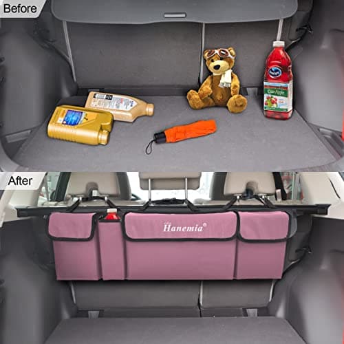 Hanemia Car Trunk Organizer, Backseat Hanging Storage with 4 Large Pockets, Collapsible Cargo Bag with Adjustable Straps Frees Trunk Floor, Sturdy Space Saving Expert for SUV, Truck, Van (Pink) — view 4