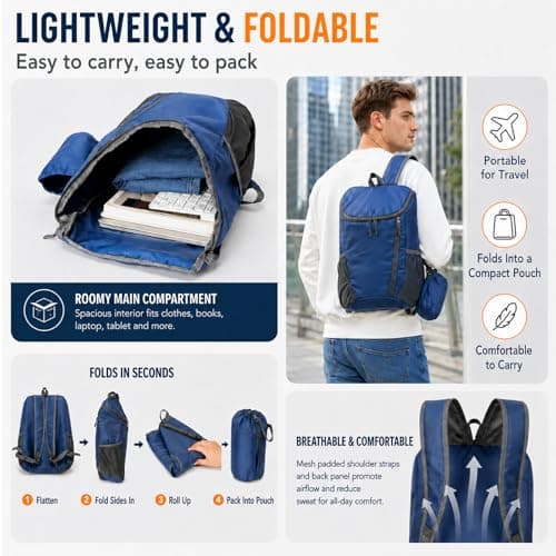 NWDEY Lightweight Foldable Backpack, Waterproof Small Rucksack with Flip Top Main Compartment, 160g Packable Casual Daypack for Men Women Kids, Perfect for Hiking Camping Travel Cycling (Navy Blue) — view 4