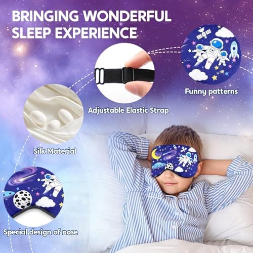 TeTupGa Blackout Kids Sleep Mask for Boys，2 Pack Silk Eye Mask for Sleeping with Adjustable Strap, Teens Children's Bedtime Eye Cover for Travel & Home Use (2 Pack Space Style) — view 5