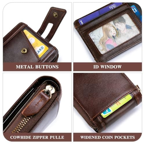 SCHLATUM Zipper Wallet for Men Large Capacity RFID Blocking Genuine Leather Vintage Wallet with Coin Pocket ID Window, Coffee, 4.7 x 3.5 x 1.2 inches, Retro — view 5