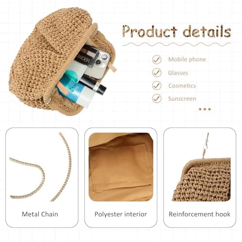 Emprier - Women's Straw Handbag, Cloud Dough Ball Bag, Crossbody Straw Shoulder Bag, Woven Bag for Summer, Beach, Khaki, Talla única — view 4