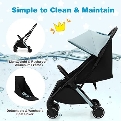 COSTWAY Baby Stroller, Protable Travel Buggy with Detachable Seat Cover, 5-Point Harness, Adjustable Canopy, Backrest and Footrest, One-Hand Fold Infant Pushchair for 0-3 Years (Blue) — view 5