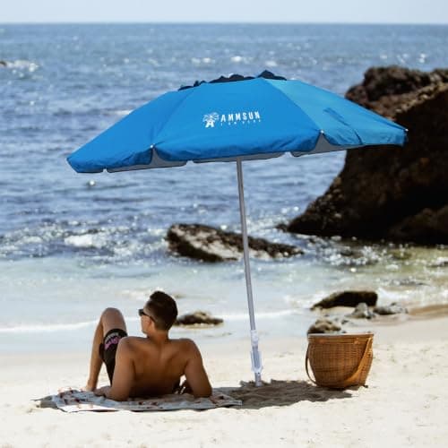 AMMSUN 6.5ft twice folded Portable beach umbrella with sand anchor windproof,Push Button Tilt and Air vent UV 50+ Protection Fits in a large Suitcase for Patio Garden Beach Pool Backyard Sky Blue — view 2
