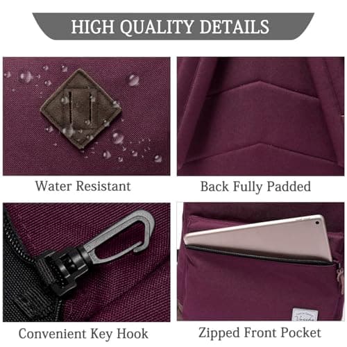 VASCHY School Bag, Water Resistant Backpack for Men, Women, Boys and Girls Lightweight Rucksack for School, Travel, Work Fits 15.6" Laptop, Burgundy — view 3