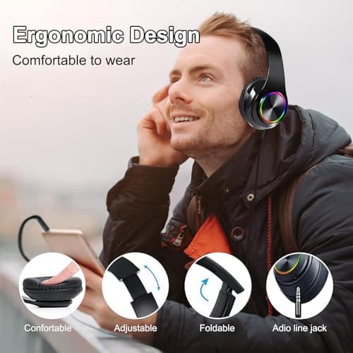 Bluetooth Headphones Over Ear,Wireless Headphones Over Ear, Foldable Wireless Lightweight Headset with Built-in HiFi Stereo Sound Noise Reduction Mic,FM, SD/TF for Online Class,Office, Phone, PC — view 2