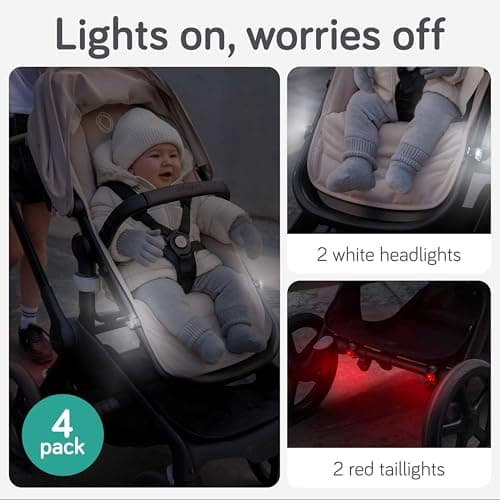 Baby Uma LED Pushchair Lights (4 Pack) - Universal with 3 Light Modes (Constant/Pulse/Strobe), Pram & Bike Lights Front and Back (2 White Headlights & 2 Red Taillights), Clip-On Bike Light Set — view 2