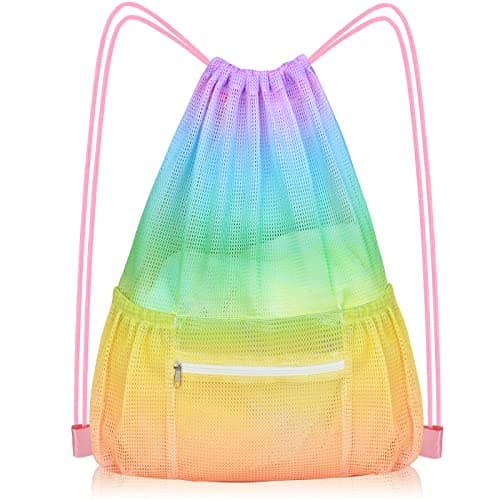 Nidoul Mesh Drawstring Bag with Zipper Pocket, Beach Bag for Swimming Gear Backpack Gym Storage Bag for Adult Kids, Rainbow