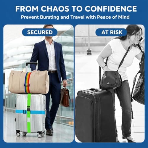 6 Pcs Adjustable Luggage Straps for Suitcases - 2 SkyBlue + 2 Green Personalised Luggage Belt with Luggage Labels for Travel, Flight, Vacation, Trip, 2 Elastic Bungee Straps Add Bag for Trolley Case — view 5
