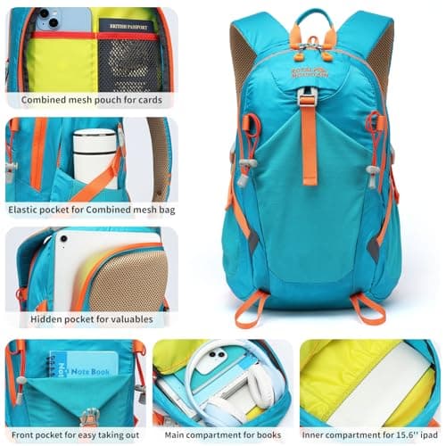 Lightweight Hiking Backpack, 30L Women/Men Waterproof Travel Rucksack Bag with Rain Cover, Outdoor Small Foldable Daypack for Student, Fit for 15.6 inch Laptop (Lake Blue, 30L) — view 5