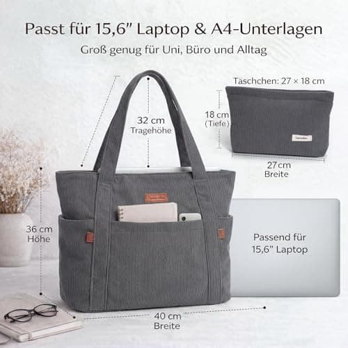 Captain Blues Tote Bag for Women with Zip, Large Capacity Work Bag with Compartments & Pockets, Soft Cotton Lining, for College, Teacher, Uni, School, Travel, Shopping (Grey) — view 3