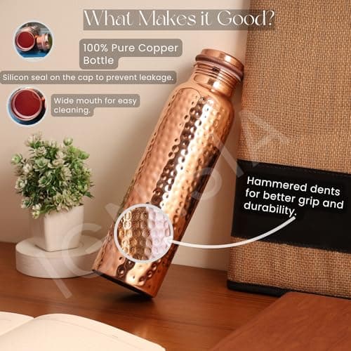 Ignisia Copper Water Bottle 34oz - 100% pure copper water bottle for drinking | eco-friendly | lab tested | Leak-Proof | Handcrafted Ayurvedic for Health & Wellness Hammered — view 5