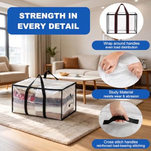 6 Pack Clothes Storage Bags with Zips, 94L Heavy Duty Clear Moving Bags — view 3