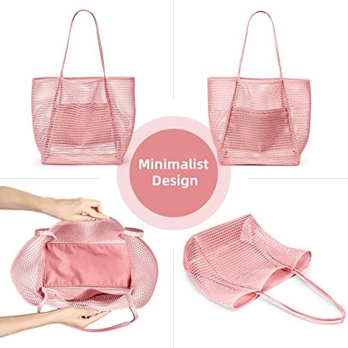 KALIDI Mesh Tote Bag,23L Beach Bag Extra Large Tote Bags for Women with Zip Pocket Shoulder Bag Summer Beach Bags Reusable Shopping Bag for Picnic Holiday Travel Grocery,pink — view 6