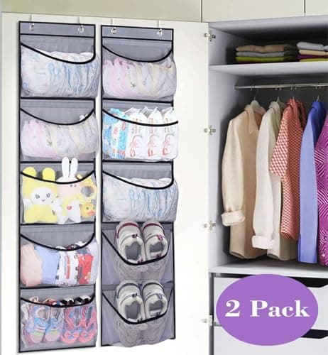 MISSLO 2 Pack Over the Door Storage Hanging Organiser with 5 Mesh Pockets Organizer for Bedroom, Bathroom, Closet, Wardrobe, Grey — view 3