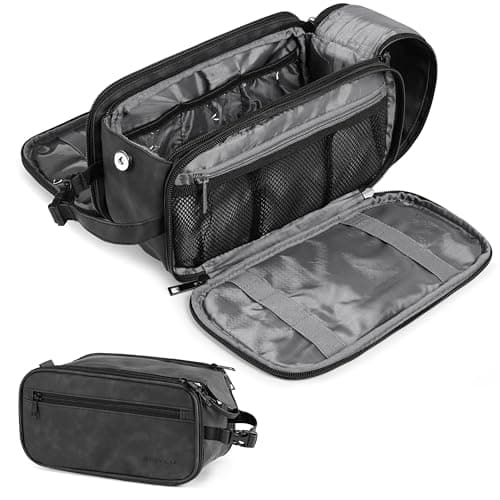 PAVILIA Toiletry Bag for Men Women, Mens Travel Bag Toiletries Organizer Case for Grooming, Travel Essentials Shaving Dopp Kit, PU Leather Water Resistant Cosmetic Pouch, Black, Black, Extra Large