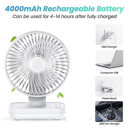 Joneytech Silent Desk Fan, 4000mAh USB Rechargeable Battery Portable Table Fans with 4 Speeds,Powerful Cooling for Home Office Bedroom Desktop Small Fan — view 3