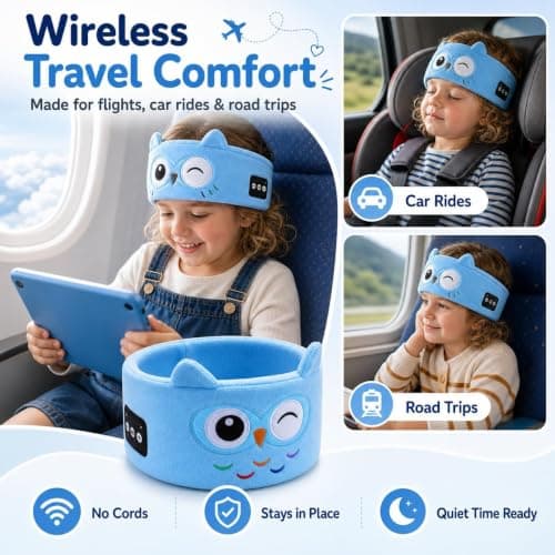 Kids Wireless Headphones, Plush Sleep Headband for Kids, Over Ear Thin Speakers, Soft Washable Sleep Mask for Travel and School (I) — view 2