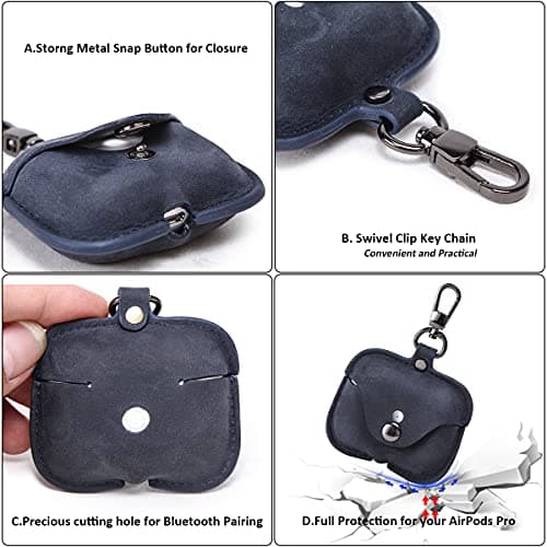 Hiram Genuine Crazy Horse Leather Earphone Case Compatible with AirPods Pro, Durable and soft leather headphone earbuds travel case with Key Chain — view 3