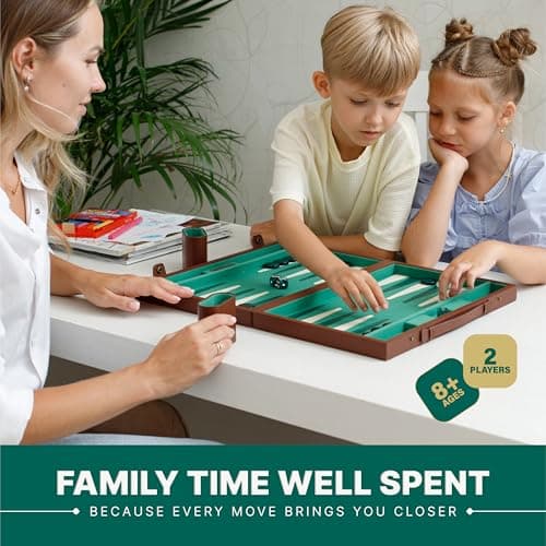 Large Backgammon Set for Adults – Classic Board Game for 2 Players – 15 Inch Premium Backgammon Board with Alcantara & Faux Leather Case, 32 Playing Chips, Dice Cups & Doubling Cube — view 4