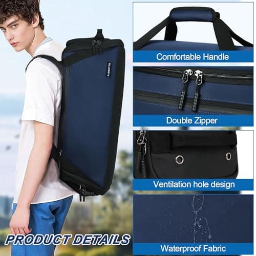 FIORETTO 45L Mens Sports Gym Bag with Wet Pocket & Shoe Compartment, Travel Duffle Bag Overnight Bag with Padded Shoulder Strap, Water-Resistant Holdall for Swimming, Basketball, Football Navy — view 4