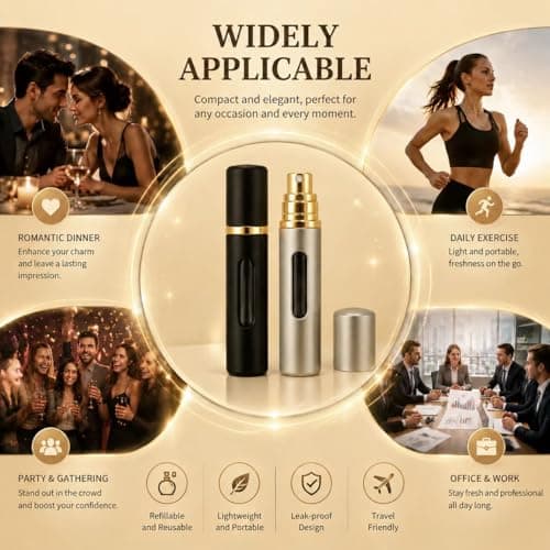 Refillable Perfume Atomiser, 8ml 2 Pack Travel Perfume Bottle, Portable Mini Spray Bottle with Visible Window, Leak Proof Fine Mist TSA Approved Refillable Bottle for Women Men, Black & golden — view 4