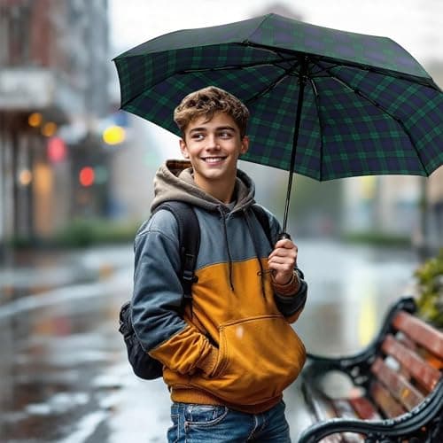 SoulRain Travel Umbrella - Windproof and Compact Umbrella for Rain - Perfect Large Auto Folding Umbrella - Ideal Car umbrella, Golf umbrella, and Travel Companion (Plaid Blue) — view 3