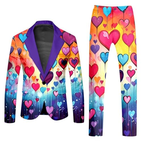 Generisch 2026 New Arrivals Two Piece Long Sleeve Coat Pants for Men Rainbow Printed Button Down Pockets for Holiday Party, purple, XL