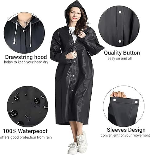 GUKOY Rain Ponchos Raincoats for Adults, 100% Waterproof Reusable [2 Pack] Rain Cape Emergency for Women Men with Hood and Drawstring Black — view 4