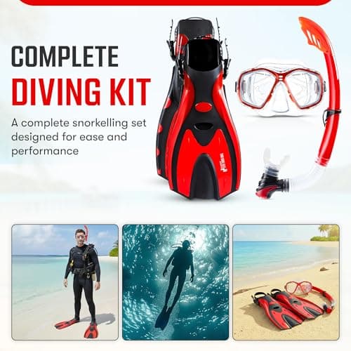 Two Bare Feet Snorkel, Mask and Fins/Flippers PVC Snorkelling Set (Adults) With Anti Fog and Wide View Mask, Anti-Leak, Tempered Glass - Scuba Dive Snorkelling Sets (L/XL (UK9-13), Red) — view 6