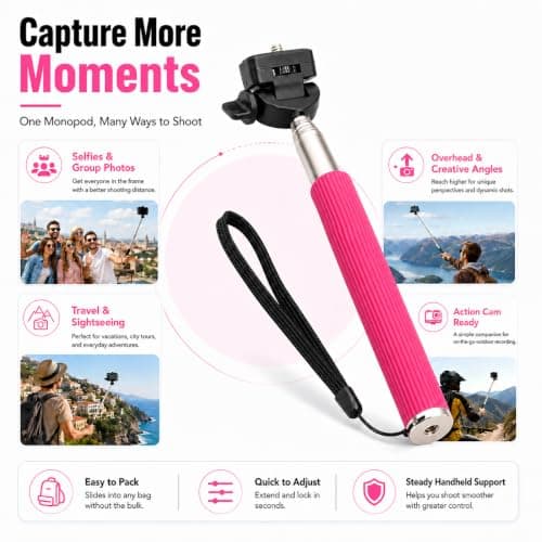 Selfie Stick - Traveller Monopod for Compact Digital Cameras, Action Cam - Works with Sony, Canon, Nikon, Panasonic and More with 1/4" Screw - Wrist Strap Included - Range: 22 to 109 cm - Pink — view 3